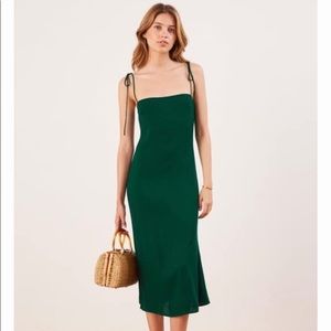 Forest Green Reformation Midi Dress with Tie strap